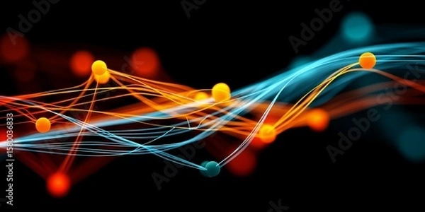 Fototapeta A digital network of glowing orange and blue nodes in motion