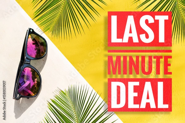 Obraz Last minute deal banner with fashion sunglasses on yellow background, summer promotion poster background idea