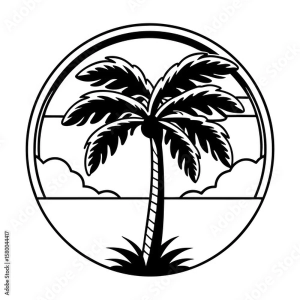 Obraz Palm Tree Circle Logo – Tropical Beach Line Art Vector