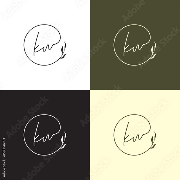 Obraz K Kw letter calligraphy minimal monogram with circle leaf ornament logo. Decorative elements for design. Vintage and rustic styles. Hand drawn floral wreath