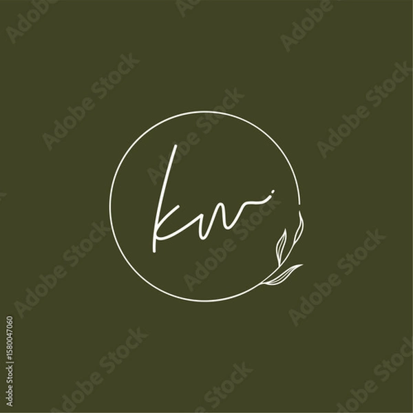 Obraz K Kw letter calligraphy minimal monogram with circle leaf ornament logo. Decorative elements for design. Vintage and rustic styles. Hand drawn floral wreath