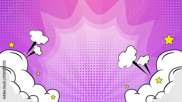 Fototapeta Purple comic book background with explosions and stars, perfect for graphic novel covers, posters, and superhero themed designs. Vibrant and energetic.