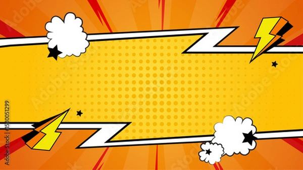 Fototapeta Yellow comic book background with lightning bolts and speech bubbles. Ideal for superhero themed designs, kids parties, and action-packed illustrations.
