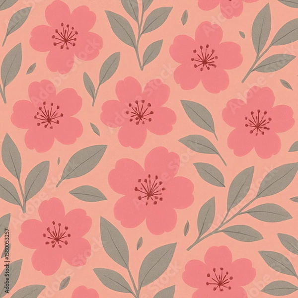 Obraz Soft floral wallpaper seamless pattern featuring coral pink cherry blossoms, olive green leaves, blush pastel background, botanical design for interior decor, textile prints, spring theme, delicate fl