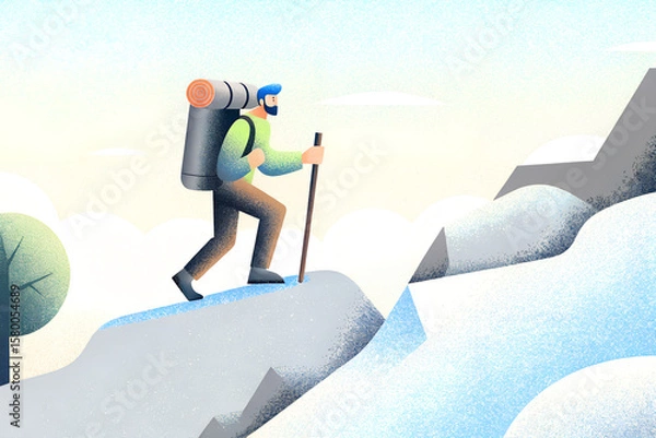 Obraz リュックを背負って杖を突いて登山する人
