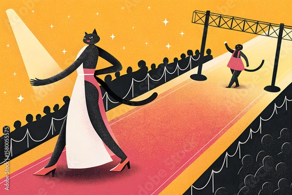 Obraz ファンッションショーでキャットウォークを歩く猫の獣人
