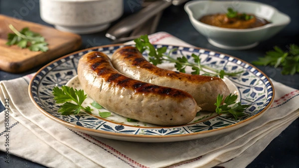 Fototapeta Sizzling Sausage on Plate: Two perfectly grilled sausages, beautifully presented on a decorative plate, complemented by fresh herbs and a dipping sauce, ready to entice taste buds.