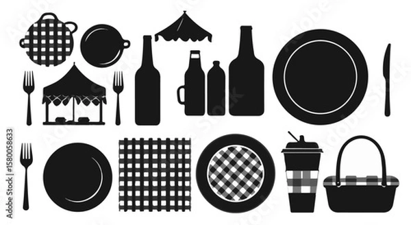 Fototapeta Picnic time collection of black and white icons featuring tableware and dining necessities perfect for summertime gatherings, silhouette