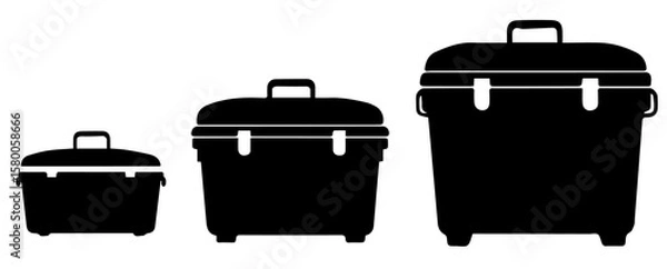 Fototapeta Three coolers in varying sizes are arranged against a bright background, representing storage and transport options, silhouette