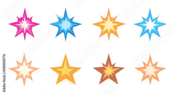 Fototapeta Eight starbursts in various colors add bright accents to any modern design or playful creative element, silhouette