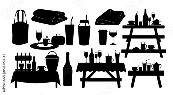 Fototapeta Elegant picnic scene silhouette showing tables, tote bags, wine bottles, glasses and blankets perfect for outdoor gatherings
