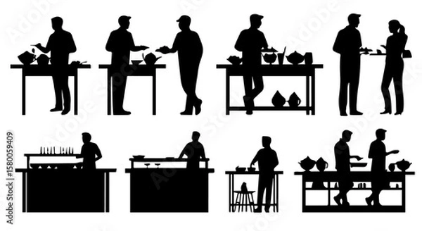 Fototapeta Black silhouettes showcase people enjoying a buffet with tables filled with various food items, symbolizing dining and gatherings.