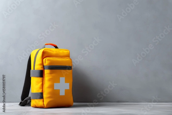 Obraz グレーの壁を背景にした黄色の災害バッグ