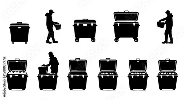 Fototapeta Recycling and waste management shown through black silhouettes of people with bins, emphasizing environment and disposal.