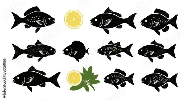 Fototapeta Fresh catch design featuring assorted fish illustrations, lemon halves, and vibrant green herb sprigs on a light background, silhouette