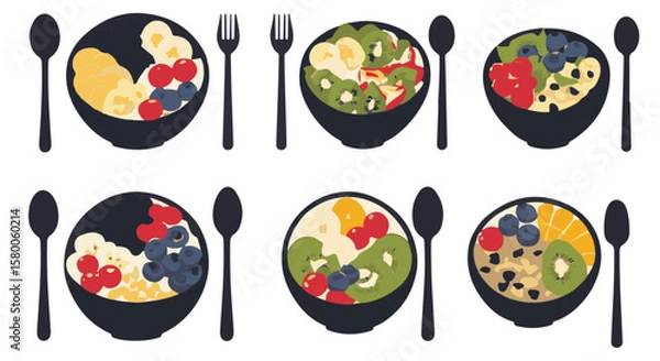 Fototapeta Delightful fruit bowl pattern showing an arrangement of healthy breakfast with a variety of fresh fruits and cutlery, silhouette
