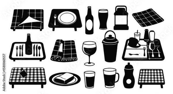Fototapeta Tableware arrangement featuring glasses, plates, trays, cutlery and napkins in a culinary display, silhouette
