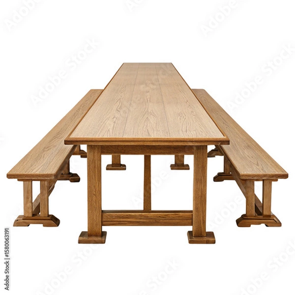 Fototapeta Long wooden table with benches on both sides.