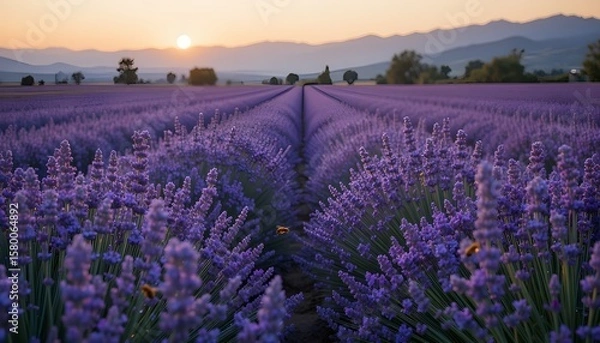 Fototapeta a dense field of lavender stretching into the horizon, with bees hovering near blooms and mountains faintly visible in the background, all captured in warm evening light -