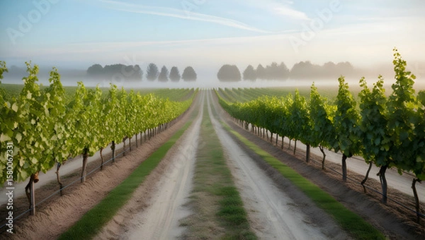 Obraz Scenic Country Road Through Lush Green Vineyard Rows Bathed in Morning Sunlight and Gentle Fog