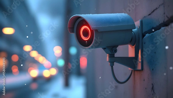 Obraz Surveillance Camera Observing a City Street with Falling Snow and Blurred Lights