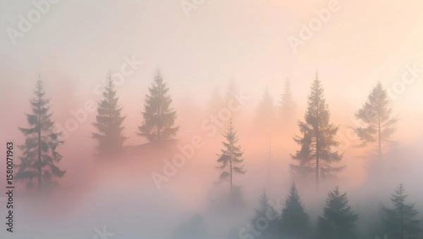 Obraz Serene Pine Forest Enveloped in Gentle Morning Mist and Soft Golden Sunrise Hues Creating a Tranquil and Ethereal Landscape Scene