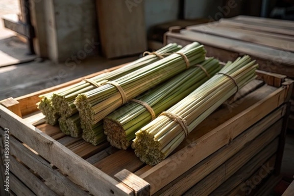Fototapeta Freshly harvested green stalks neatly bundled and stored in a wooden crate in a rustic setting