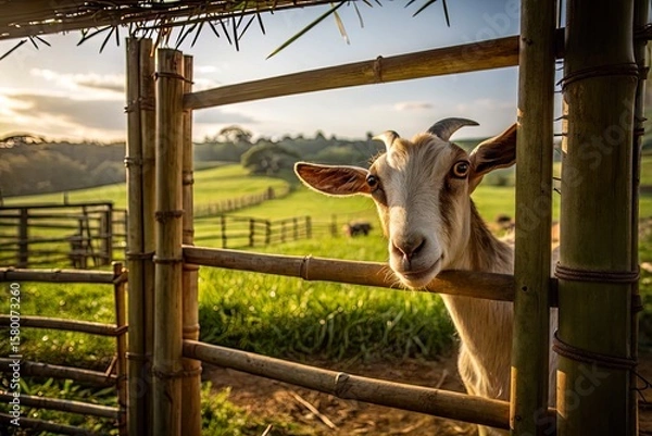 Fototapeta Goat peering through bamboo fence in serene countryside with lush green fields and hills