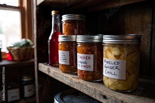 Fototapeta Jars of homemade preserves and pickles on a rustic wooden shelf in a cozy kitchen setting