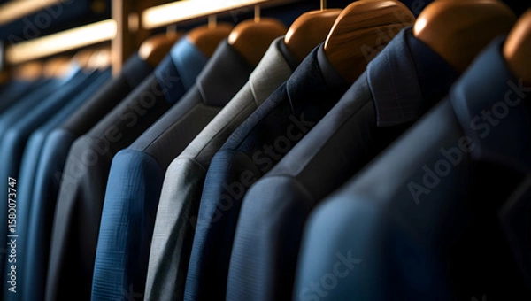 Obraz A Diverse Collection of Stylish Men's Suits Hangs Neatly on Wooden Hangers in a Store Display