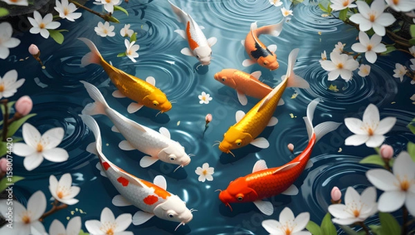Obraz Vibrant Koi Fish Swimming Gracefully in a Serene Pond Surrounded by Delicate White Cherry Blossoms on a Beautiful Spring Day
