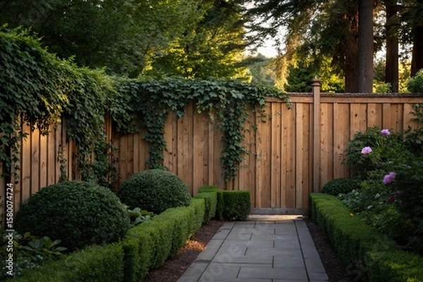 Fototapeta Serene garden pathway bordered by lush greenery and wooden fence under soft evening light