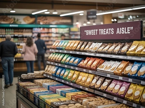 Fototapeta blurry image of snack display racks such as cookies, biscuits, nuts and other snacks in a super market
