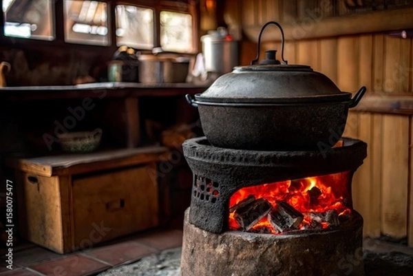 Fototapeta Traditional cooking pot on a stone hearth with glowing embers in a rustic kitchen setting