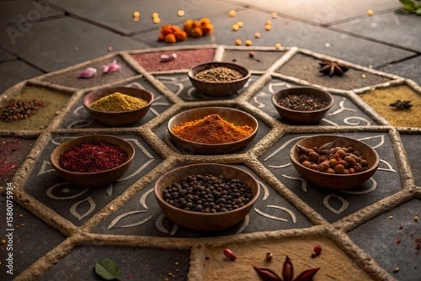 Fototapeta Vibrant display of spices arranged in decorative bowls on a colorful patterned surface