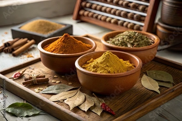 Fototapeta Vibrant display of spices in rustic bowls on a wooden tray with herbs and cinnamon sticks