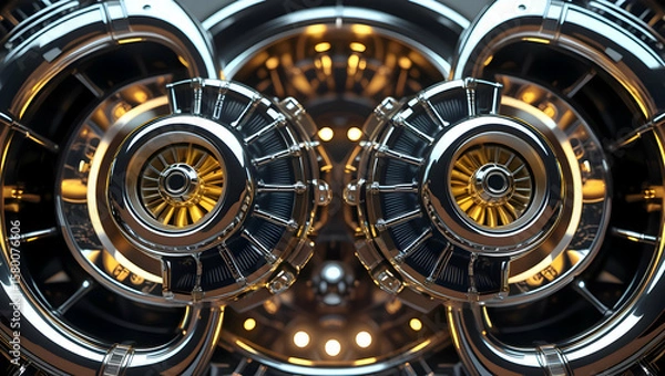 Obraz Intricate Industrial Machinery With Reflective Metallic Surfaces And Glowing Golden Lights Creating A Symmetrical Futuristic Design