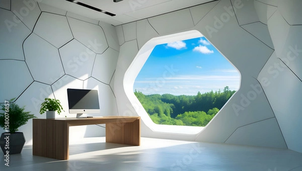 Obraz Modern Office Space With Large Geometric Window Overlooking Lush Green Landscape And Blue Sky
