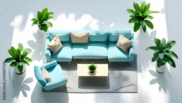Obraz Modern Light Blue Sectional Sofa Arrangement with Plants and Coffee Table in a Bright Room