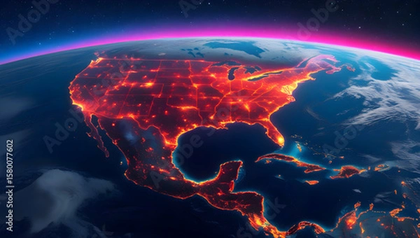 Obraz Illuminated Continent at Night A View from Space Showing a Network of Cities Across North America with a Glowing Atmosphere