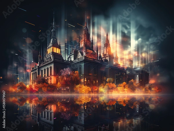 Fototapeta Eyecatching Abstract Cityscape Skyline at Night, with illuminated skyscrapers