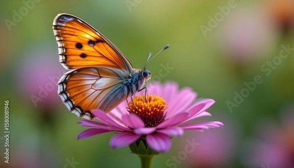 Fototapeta  a detailed macro of a vibrant butterfly perched on a wildflower, fine textures on its wings and the petals clearly visible, soft bokeh background -