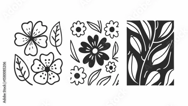 Fototapeta Floral botanical vector design elements flowers leaves nature drawing illustration art decoration graphic set