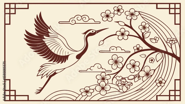 Fototapeta Oriental crane flying through cherry blossom tree branches vector art illustration design element