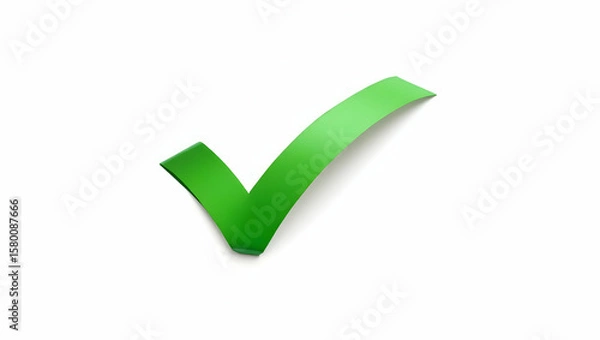 Fototapeta Symbol A check mark crafted from green ribbon, styled in a minimal ribbon design, shown in flatlay view on white background (2)