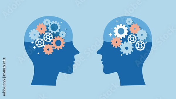Fototapeta Two human profiles facing each other with gears inside their heads representing thought processes