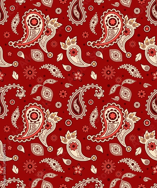 Obraz paisley seamless pattern on red background textile, decorative, wrap, digital, print vector illustration.