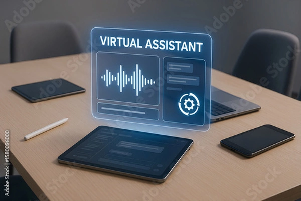 Fototapeta Modern office desk with holographic virtual assistant interface and communication devices represents ai technology