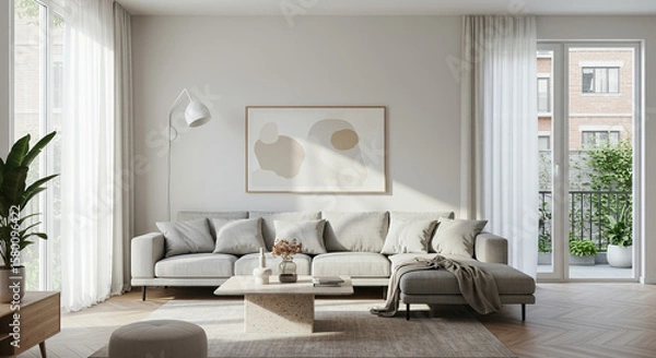 Fototapeta Modern living room with neutral tones and natural light creating a calming atmosphere
