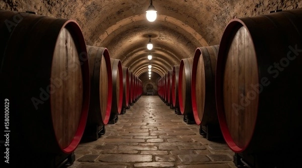Fototapeta A rustic, dimly lit wine cellar with a symmetrical layout. The cellar features a series of large wooden barrels lined up on both sides of a narrow, stone-paved corridor.